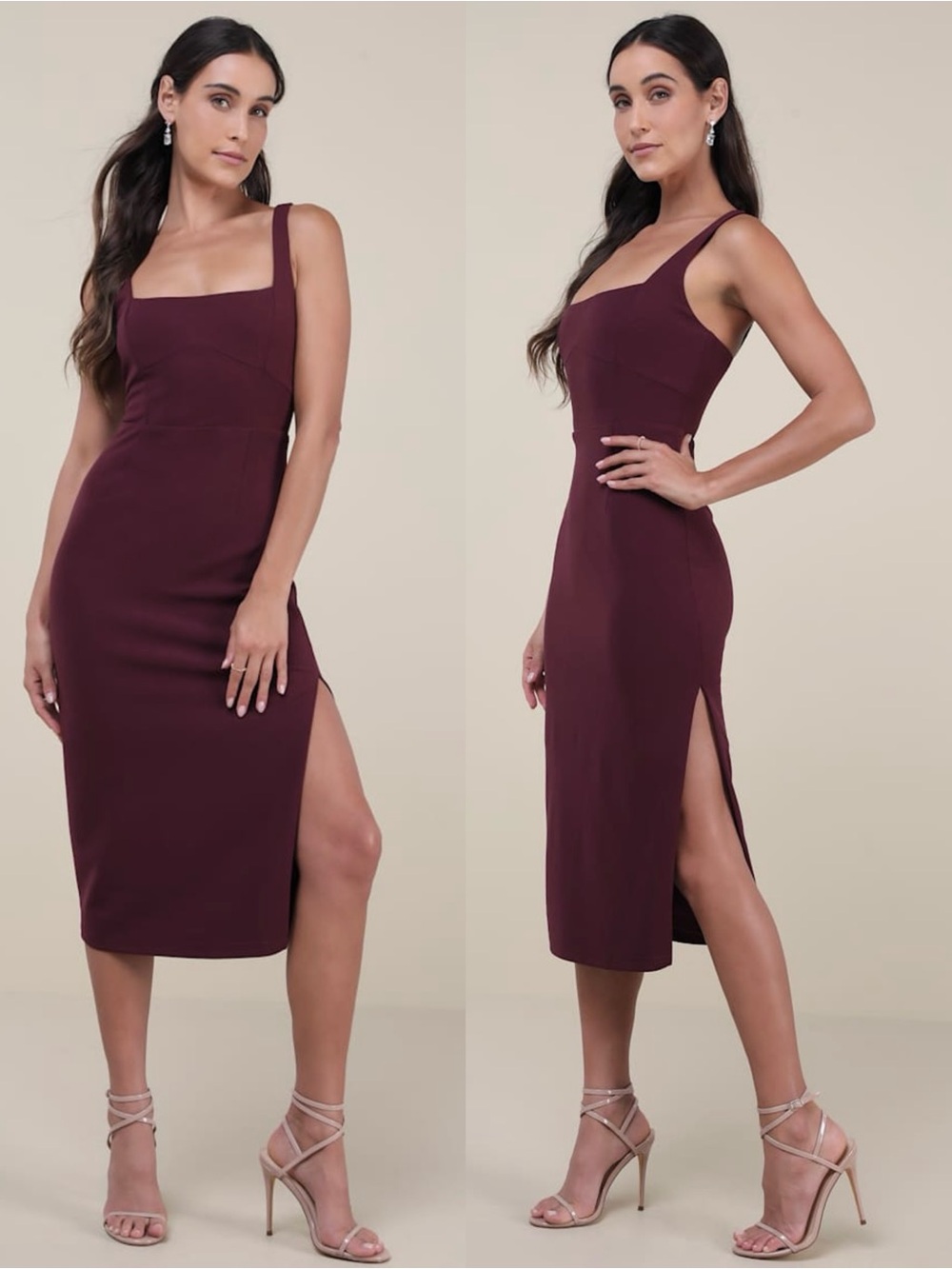 LULUS Burgundy Square Neck Bodycon Clean Girl Minimalist Wedding Guest Dress L